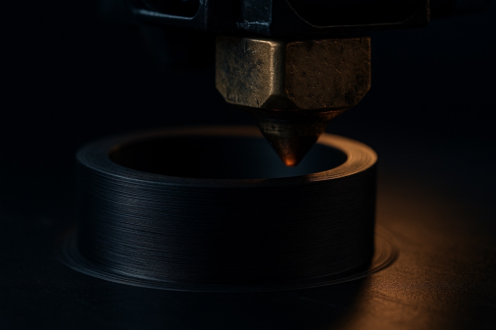 Buse d'imprimante 3D professionnelle déposant une pièce noire aux fines strates visibles