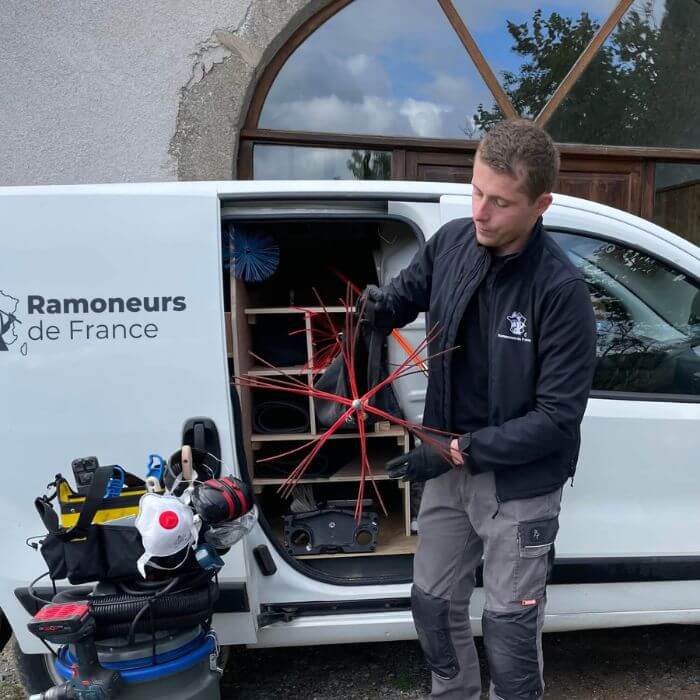 Technicien ramoneur préparant du matériel spécialisé devant un véhicule de l'entreprise Ramoneurs de France.